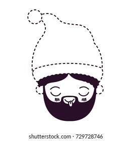 santa claus kawaii face eyes closed and tongue out expression with christmas hat on dotted monochrome silhouette vector illustration