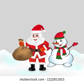 Santa Claus with keeps a bag full of gifts and Snowman. Christmas vector illustration.