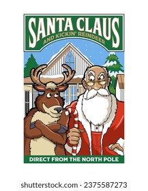 Santa Claus and kickin' reindeer. Christmas Vector Illustration Style.