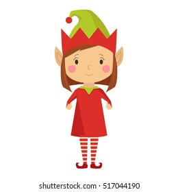 Santa Claus kid cartoon elf helper working with xmass gift and Christmas vector illustration isolated on white. Elfish girl in red and green clothes