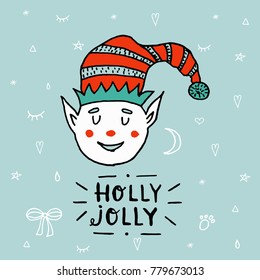 Santa Claus kid cartoon elf helper working with lettering Holly Jolly. 