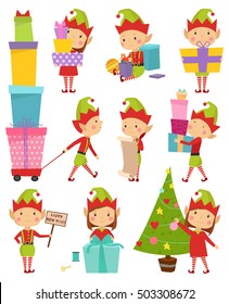 Santa Claus kids cartoon elf helpers working with xmass gift and Christmas tree vector illustration isolated on white. Elfish boys and girls