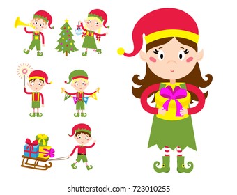 Santa Claus kids cartoon elf helpers vector illustration children elves characters traditional costume.