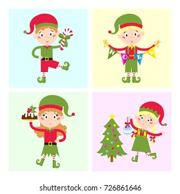 Santa Claus kids cartoon elf helpers vector illustration children elves characters traditional costume.