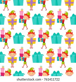 Santa Claus kids cartoon elf helpers vector illustration children characters traditional costume seamless pattern background