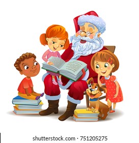 Santa Claus with kids reading the book, a vector illustration in traditional style