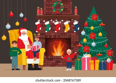 Santa Claus with a kids, sitting in a chair near fireplace at home. Vector illustration in flat style