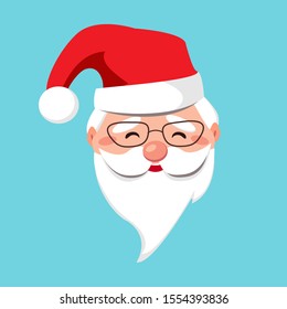 Santa Claus kind face with glasses and red hat isolated. Cheerful portrait with a white beard. Merry Christmas and Happy new year. Vector flat illustration. Design for greeting card, banner, poster.