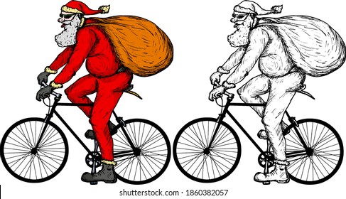 Santa Claus with a knapsack deliver Christmas gifts on a bicycle. Hand drawn vector illustration.