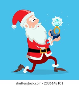 Santa Claus kneels down and gives ring. Cute Santa presents piece of jewelry or proposes. Flat vector illustration.