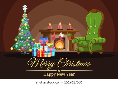 Santa Claus Lair. Colorful vector illustration in.Festive greeting card or postcard template with room decorated for holidays, Christmas tree, fireplace, armchair and slide of gifts.