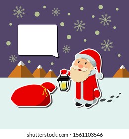 Santa Claus with a lamp. Footprints in the snow. Winter landscape. Looking for a way. A bag with presents. Present. Snowy mountains. Snowflakes, snow. Congratulation.Red suit. Cute illustration. 