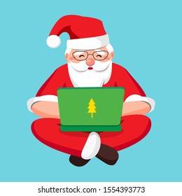 Santa Claus with a laptop, carefully answers incoming letters and gift wishes and receives mail. Santa Claus programming code and relaxed sitting cross-legged isolated. Vector illustration