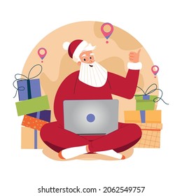 Santa Claus with a laptop checking emails. Santa using computer and sanding presents around the world. Flat Vector Illustration. Online Santa post office. Winter Holidays Concept.