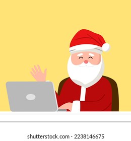 Santa Claus with laptop computer in flat design. Merry Christmas concept vector illustration.