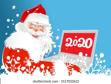 Santa Claus with a laptop on the screen of which the numbers 2020. Xmas, winter, new year concept.  Christmas card. Great for New Year cards, banners, invitations, decoration of Christmas holidays