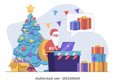 Santa Claus with a laptop reading letters, next to a Christmas tree and presents