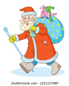 Santa Claus with a large bag of gifts and a little piglet on it, in a hurry to meet the New year. In cartoon style. Isolated on white background.