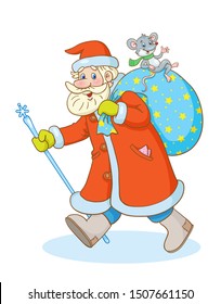 Santa Claus with a large bag of gifts and a little mouse on it, in a hurry to meet the New year. In cartoon style. Isolated on white background. Vector illustration.