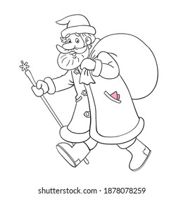 Santa Claus with a large bag of gifts in a hurry to meet the New year.  Black and white picture with pink accent. In cartoon style. Isolated on white background. Vector illustration for coloring book.
