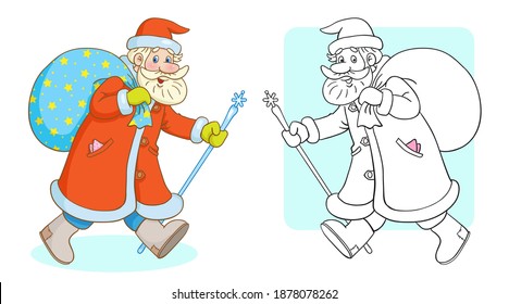 Santa Claus with a large bag of gifts in a hurry to meet the New year. Coloring page with colorful example. In cartoon style. Vector illustration. For coloring book.