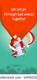 Santa Claus with a large bag in the sky to send a medical syringe, a Coronavirus Vaccine with injection to fight against coronavirus. No Infection and Stop Coronavirus Concepts.