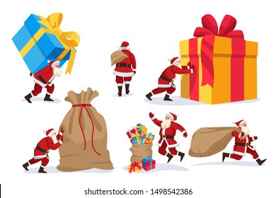 Santa Claus with large gift boxes and sacks, isolated on white background. Christmas and New Year holiday character and design elements. Vector flat cartoon illustration.