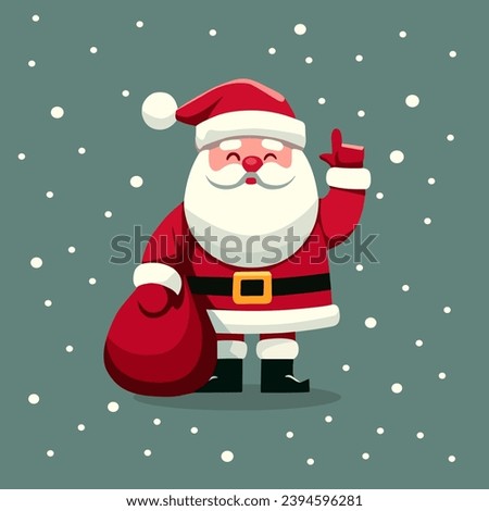 Santa Claus, with a large red sack of gifts and dressed in his iconic red suit, makes a cheerful gesture amidst falling snow, evoking the magic and gift-giving spirit of the Christmas season