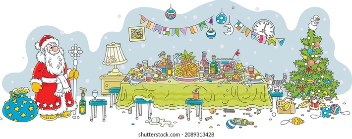 Santa Claus was late for a joyous New Year celebration with a decorated Christmas tree, funny, noisy and slightly drunk guests at a festive table with various drinks and tasty food, vector cartoon