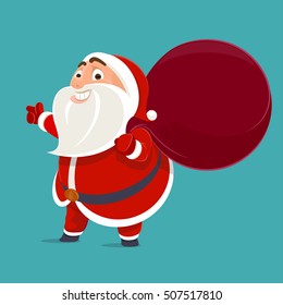 Santa Claus with a laugh gifts, points his finger. Banner idea, poster, greeting card concept. Vector illustration in a flat style