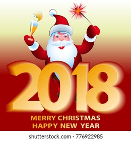 Santa Claus laughing with data 2018 . Merry Christmas and Happy New Year! Holiday greeting card.