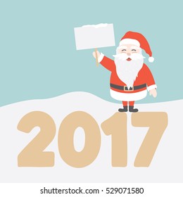 Santa Claus laughing holding an empty board / sign in the snow. Character design. 2017 greetings card. Vector illustration