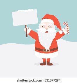 Santa Claus laughing holding an empty board / sign and a candy cane in the snow. Character design. Greetings card. Vector illustration