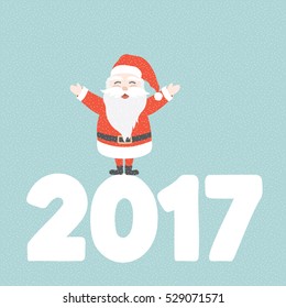 Santa Claus laughing with raised hands in the snow. Character design. 2017 greetings card. Vector illustration