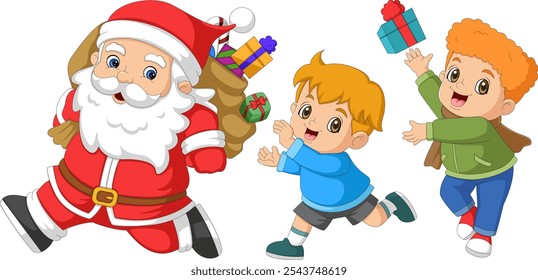 Papai Noel ri e corre com crianças perseguindo-o para obter presentes de Natal de ilustração