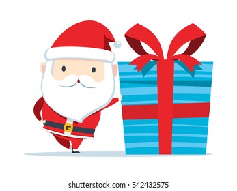 Santa Claus is laying a hand against the Christmas gift