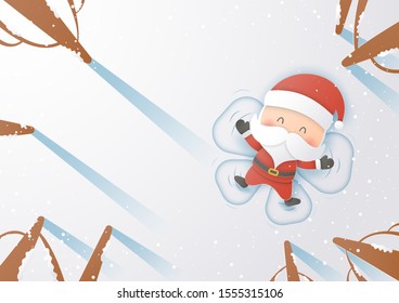 Santa Claus laying on the snow to make a snow angel, Merry Christmas and Happy New Year,Paper art design and craft style