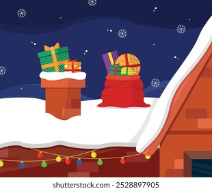 Santa Claus left presents on the roof and is going to lower them into the house through the chimney.