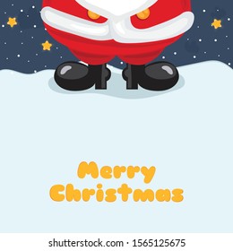 Santa Claus legs on white snow background. Creative Christmas composition. Humorous xmas collection. Festive background. Merry Christmass, Happy new Year, Happy Holidays.