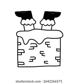 Santa Claus legs stuck in chimney, cartoon doodle vector illustration isolated on white background. Cute Christmas outline drawing.