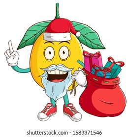 Santa claus of lemon cartoon character carry a bag full of gift box with funny smile face