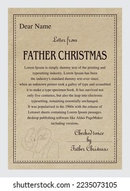 Santa Claus Letter, Checked Twice By Father Christmas. Editable vector design template on grunge effect old paper background.