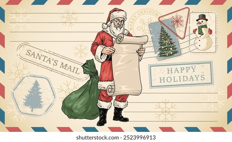 Santa Claus letter colorful vintage poster with Christmas wizard on envelope for ordering New Year gifts vector illustration