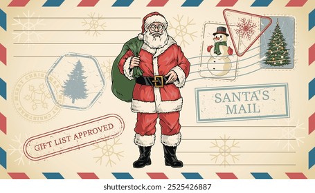 Santa Claus letter colorful vintage flyer with Christmas envelope with father frost with stamps with snowman or fir vector illustration