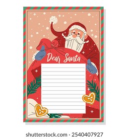 Santa Claus letter design. Vector empty template. Blank paper or sheet for kids wishlist. Cartoon document or card with Santa character and bag of gifts. Making Christmas wishes on New Year holidays.