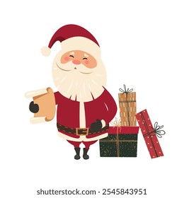 Santa Claus with letter and gifts. Merry Christmas and Happy New Year. Vector illustration.