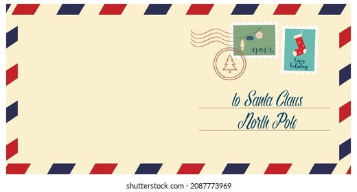 Santa Claus letter with stamps to North Pole. New year gift. Christmas symbol