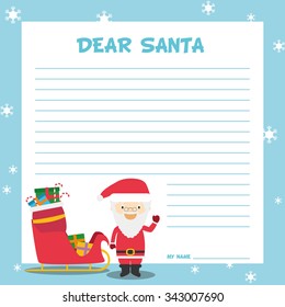 Santa Claus letter template vector illustration for Christmas time, with child character, sled and presents.