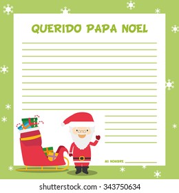 Santa Claus letter template vector illustration for Christmas time in Spanish, with child character, sled and presents. Text translation: Dear Santa Claus