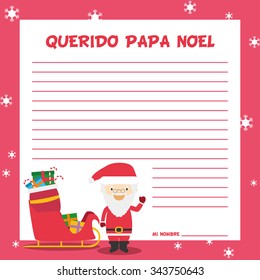 Santa Claus letter template vector illustration for Christmas time in Spanish, with child character, sled and presents. Text translation: Dear Santa Claus